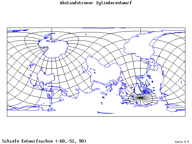 Cylindrical Equidistant Projection - 60°W, 52°S, 90° - wide