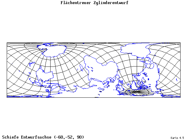 Cylindrical Equal-Area Projection - 60°W, 52°S, 90° - wide