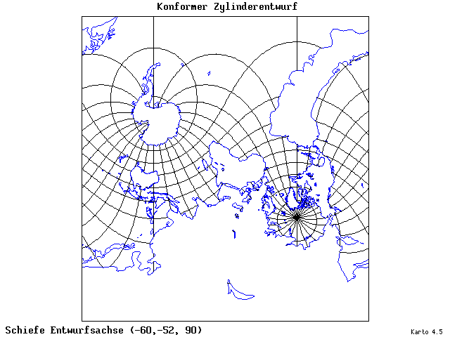 Mercator's Cylindrical Conformal Projection - 60°W, 52°S, 90° - wide