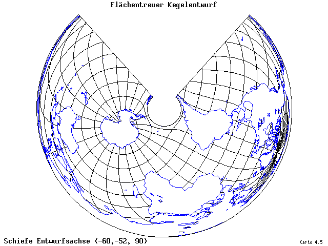 Conical Equal-Area Projection - 60°W, 52°S, 90° - wide