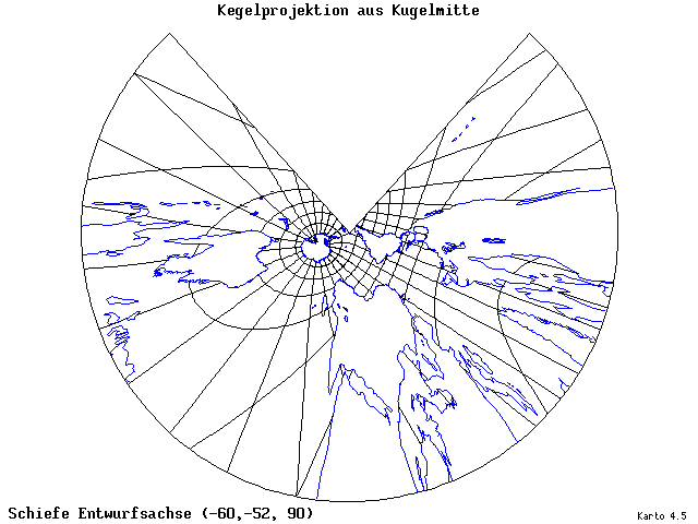 Conical Gnomonic Projection - 60°W, 52°S, 90° - wide