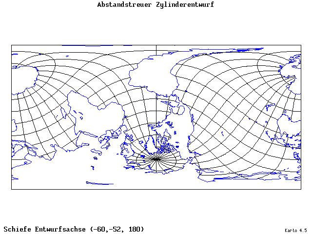 Cylindrical Equidistant Projection - 60°W, 52°S, 180° - wide