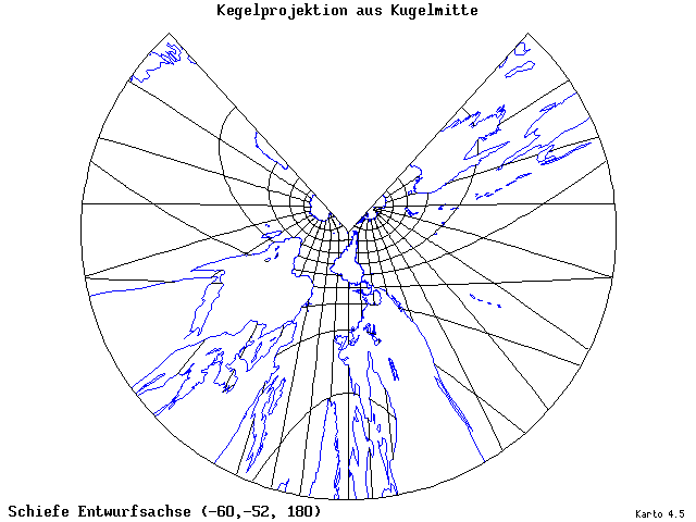 Conical Gnomonic Projection - 60°W, 52°S, 180° - wide