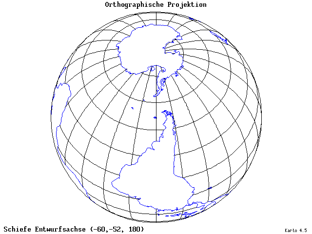 Orthographic Projection - 60°W, 52°S, 180° - wide