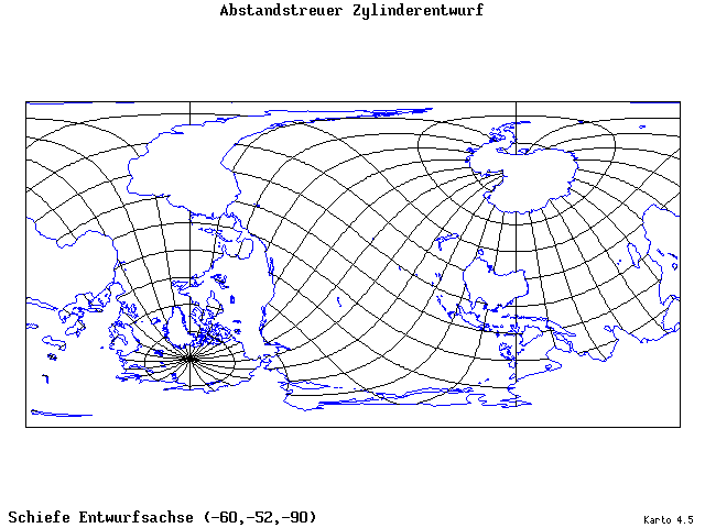 Cylindrical Equidistant Projection - 60°W, 52°S, 270° - wide