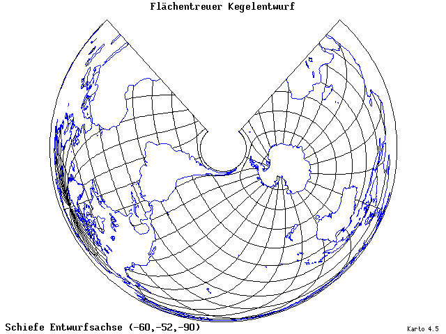 Conical Equal-Area Projection - 60°W, 52°S, 270° - wide