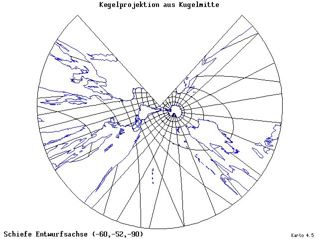 Conical Gnomonic Projection - 60°W, 52°S, 270° - wide