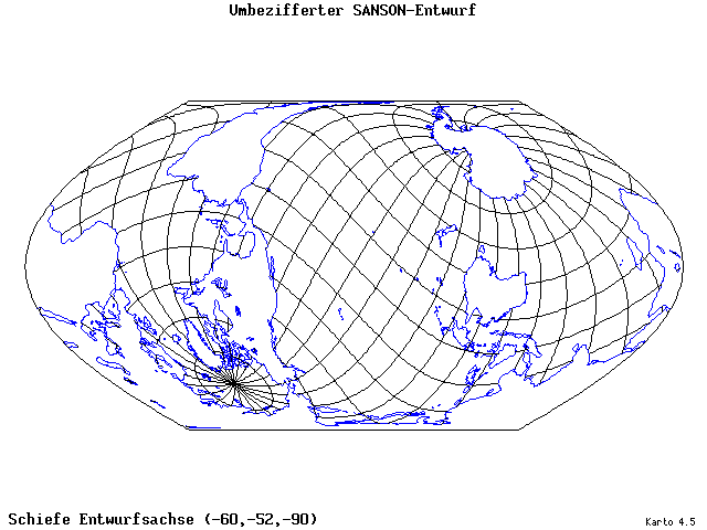 Sanson's Projection (modified) - 60°W, 52°S, 270° - wide