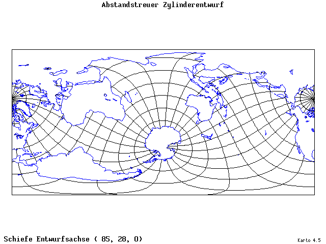 Cylindrical Equidistant Projection - 85°E, 28°N, 0° - standard