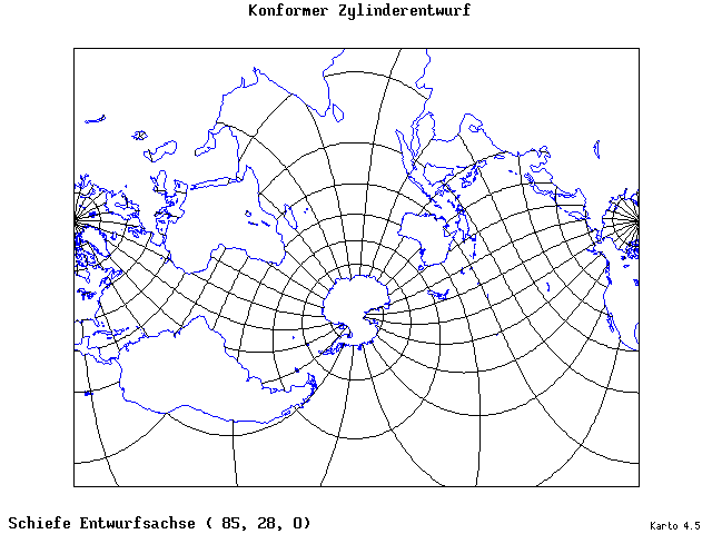 Mercator's Cylindrical Conformal Projection - 85°E, 28°N, 0° - standard