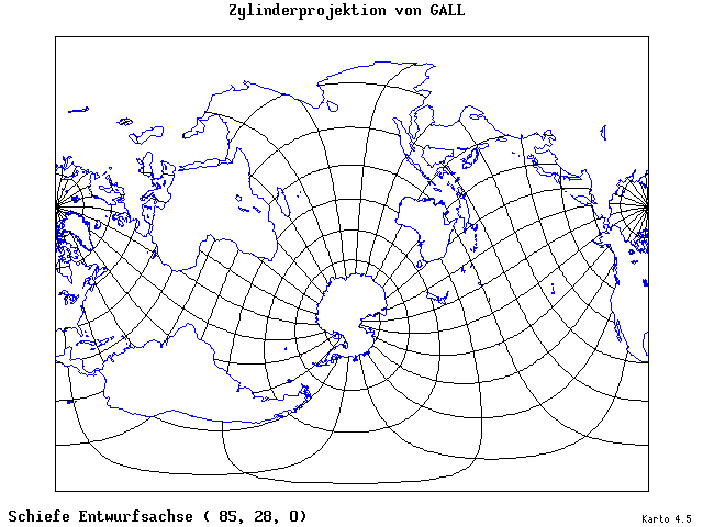 Galle's Cylindrical Projection - 85°E, 28°N, 0° - standard