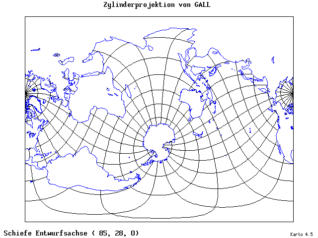 Gall's Cylindrical Projection - 85°E, 28°N, 0° - standard