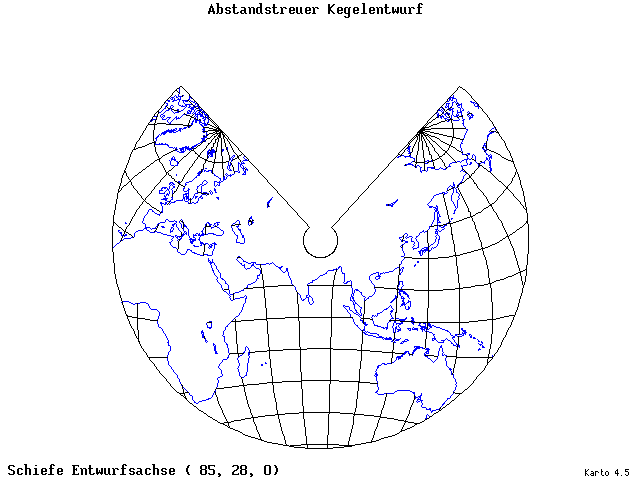 Conical Equidistant Projection - 85°E, 28°N, 0° - standard