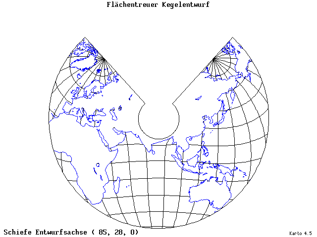 Conical Equal-Area Projection - 85°E, 28°N, 0° - standard