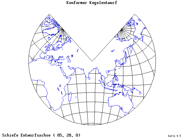Conical Conformal Projection - 85°E, 28°N, 0° - standard