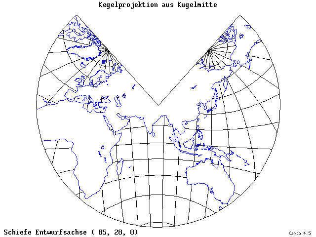 Conical Gnomonic Projection - 85°E, 28°N, 0° - standard