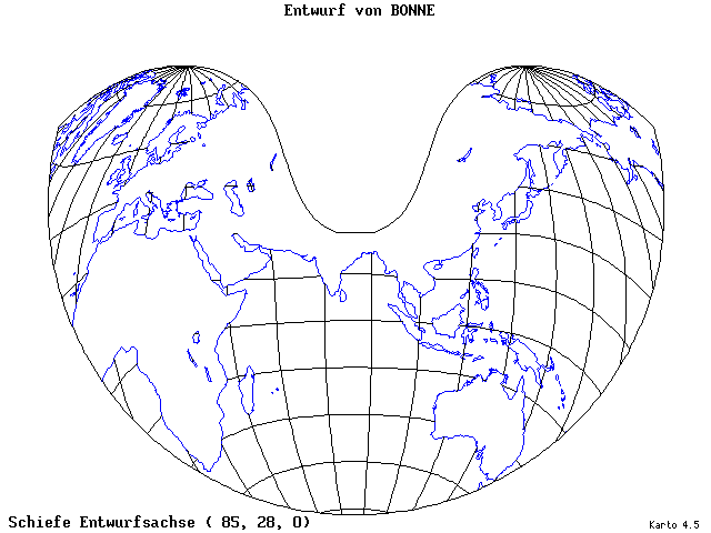 Bonne's Projection - 85°E, 28°N, 0° - standard