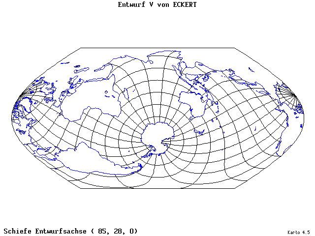 Pseudocylindrical Projection (Eckhart V) - 85°E, 28°N, 0° - standard