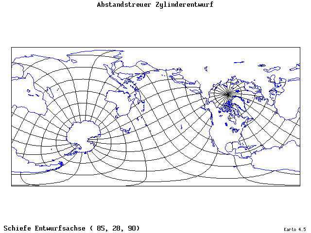 Cylindrical Equidistant Projection - 85°E, 28°N, 90° - standard