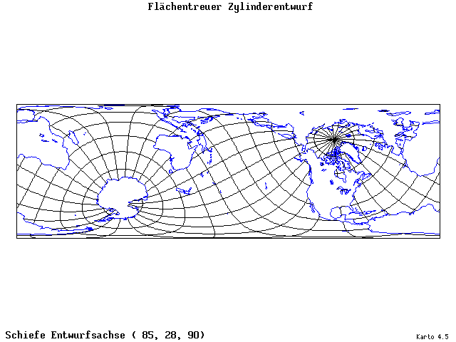 Cylindrical Equal-Area Projection - 85°E, 28°N, 90° - standard