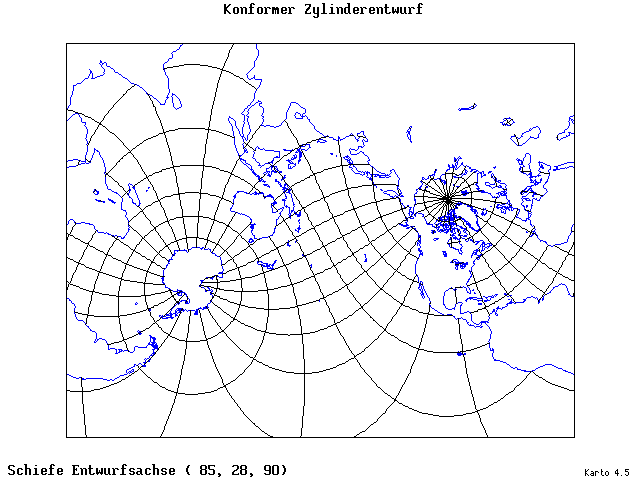 Mercator's Cylindrical Conformal Projection - 85°E, 28°N, 90° - standard