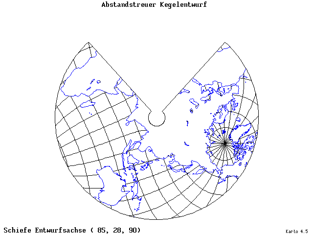 Conical Equidistant Projection - 85°E, 28°N, 90° - standard