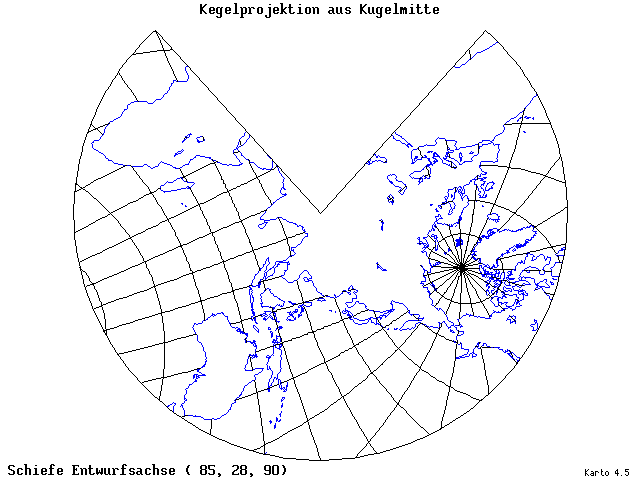 Conical Gnomonic Projection - 85°E, 28°N, 90° - standard