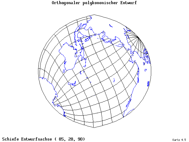 Polyconic Projection (orthogonal grid) - 85°E, 28°N, 90° - standard