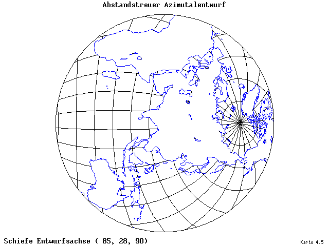 Azimuthal Equidistant Projection - 85°E, 28°N, 90° - standard