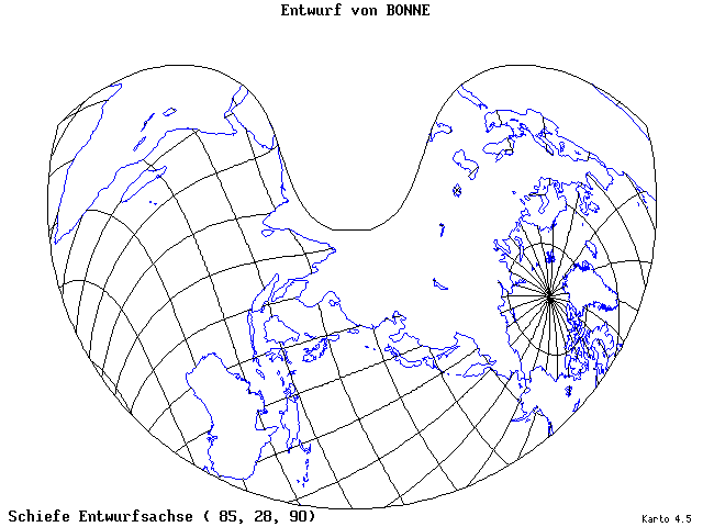 Bonne's Projection - 85°E, 28°N, 90° - standard