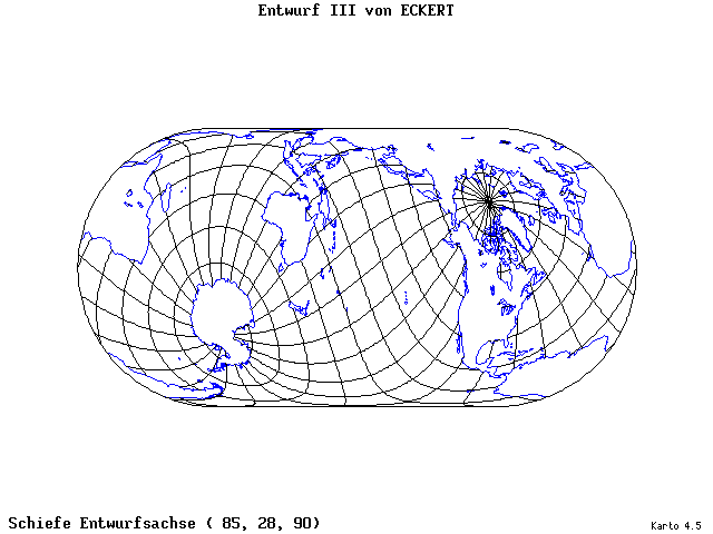 Pseudocylindrical Projection (Eckhart III) - 85°E, 28°N, 90° - standard