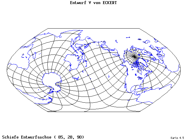 Pseudocylindrical Projection (Eckhart V) - 85°E, 28°N, 90° - standard