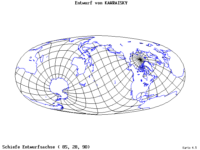 Kavraisky's Projection - 85°E, 28°N, 90° - standard