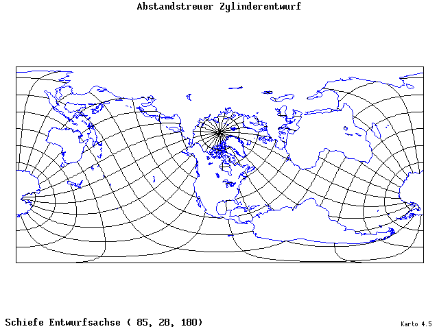 Cylindrical Equidistant Projection - 85°E, 28°N, 180° - standard