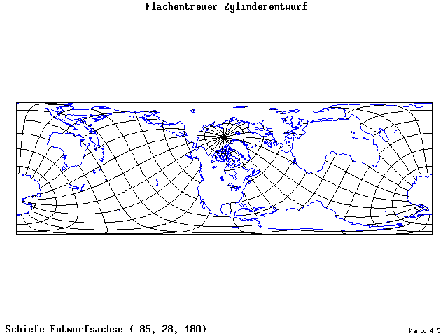 Cylindrical Equal-Area Projection - 85°E, 28°N, 180° - standard