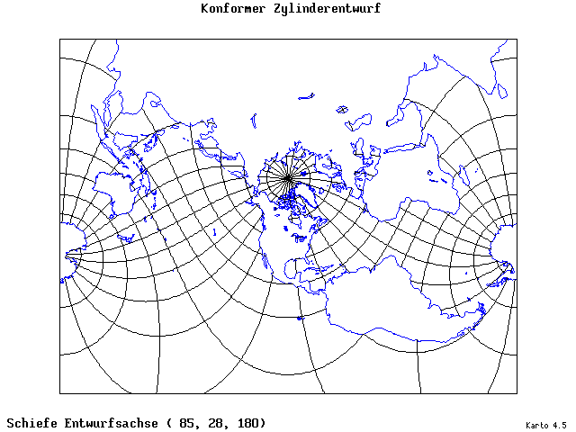 Mercator's Cylindrical Conformal Projection - 85°E, 28°N, 180° - standard