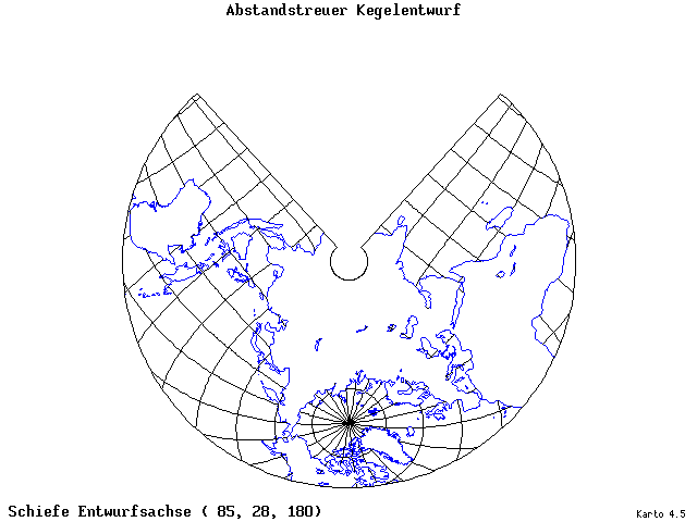 Conical Equidistant Projection - 85°E, 28°N, 180° - standard