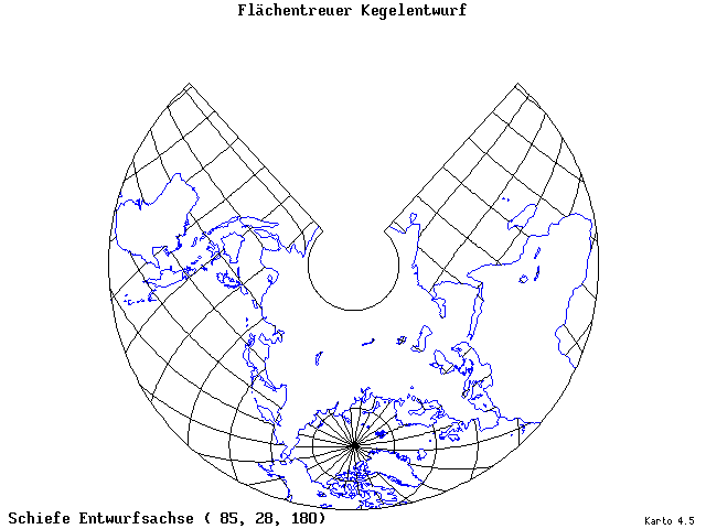 Conical Equal-Area Projection - 85°E, 28°N, 180° - standard