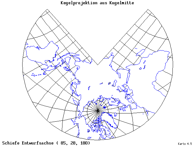 Conical Gnomonic Projection - 85°E, 28°N, 180° - standard