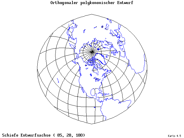 Polyconic Projection (orthogonal grid) - 85°E, 28°N, 180° - standard