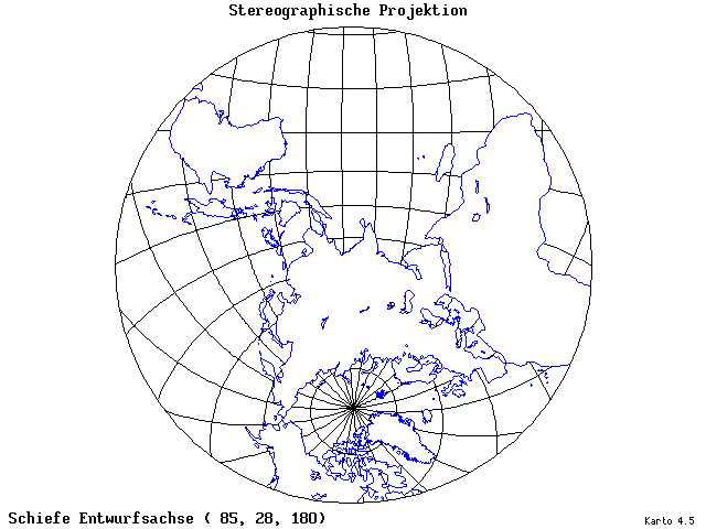 Stereographic Projection - 85°E, 28°N, 180° - standard