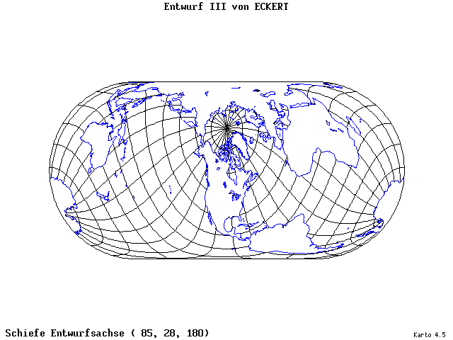 Pseudocylindrical Projection (Eckhart III) - 85°E, 28°N, 180° - standard