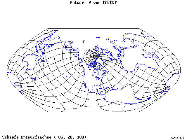 Pseudocylindrical Projection (Eckhart V) - 85°E, 28°N, 180° - standard