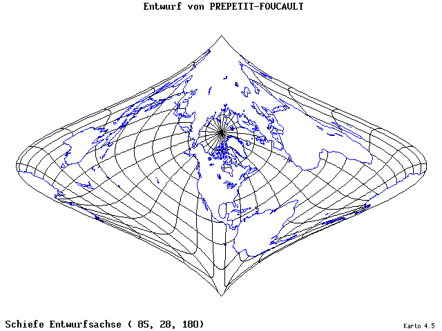 Prepetit-Foucault Projection - 85°E, 28°N, 180° - standard