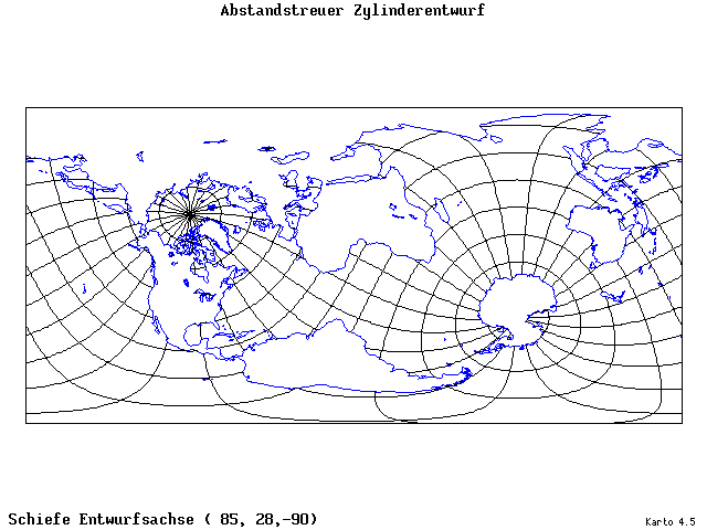 Cylindrical Equidistant Projection - 85°E, 28°N, 270° - standard