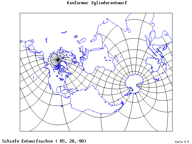 Mercator's Cylindrical Conformal Projection - 85°E, 28°N, 270° - standard