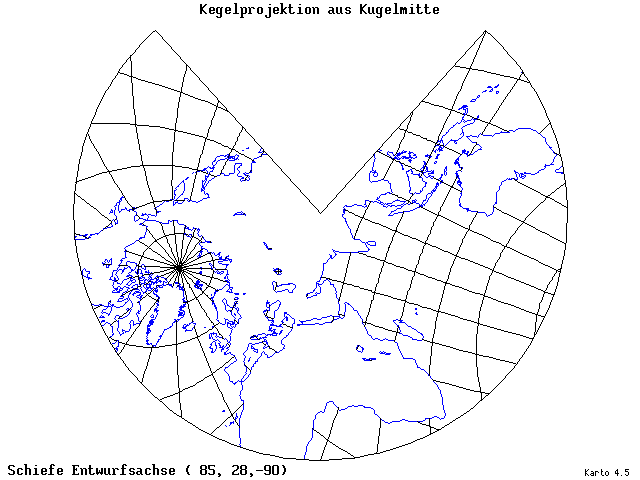 Conical Gnomonic Projection - 85°E, 28°N, 270° - standard