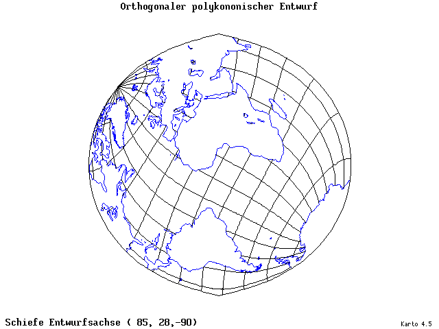 Polyconic Projection (orthogonal grid) - 85°E, 28°N, 270° - standard