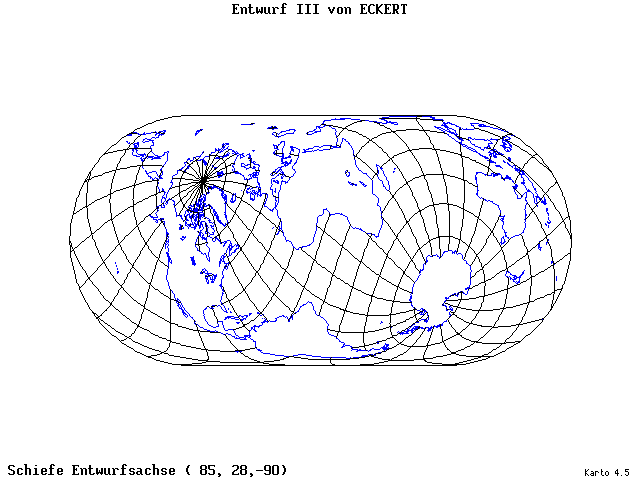 Pseudocylindrical Projection (Eckhart III) - 85°E, 28°N, 270° - standard