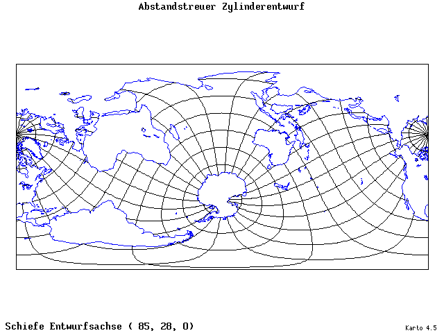 Cylindrical Equidistant Projection - 85°E, 28°N, 0° - wide